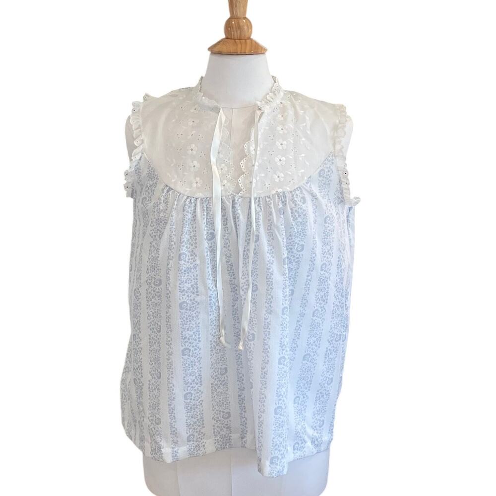 Vintage Violette Baby Blue Floral Sleep Top, Eyelet Ruffle Coquette, Cottage, L